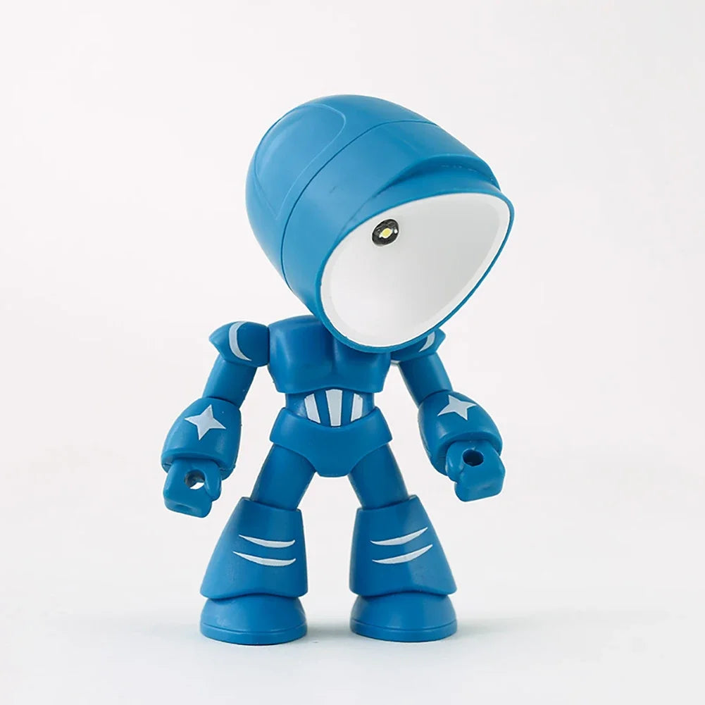 A blue bendable robot night light with a round head and glowing eye.