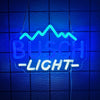 Blue neon sign spelling BUSCH-LICHT with a mountain graphic on a dark blue textured wall.
