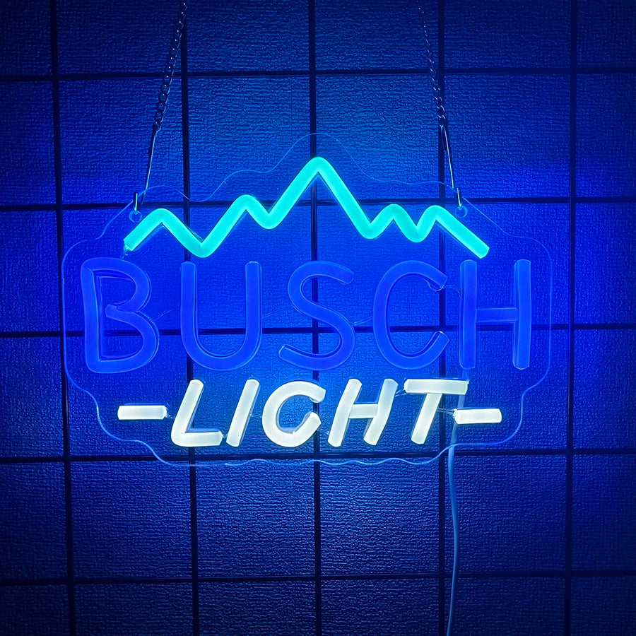 Blue neon sign spelling BUSCH-LICHT with a mountain graphic on a dark blue textured wall.