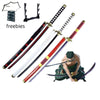 A collection of freebies including a Roronoa Zoro 41-inch katana cosplay sword and related items.