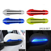Two sets of reflective safety strips for car mirrors shown in various colors and daytime/evening lighting.