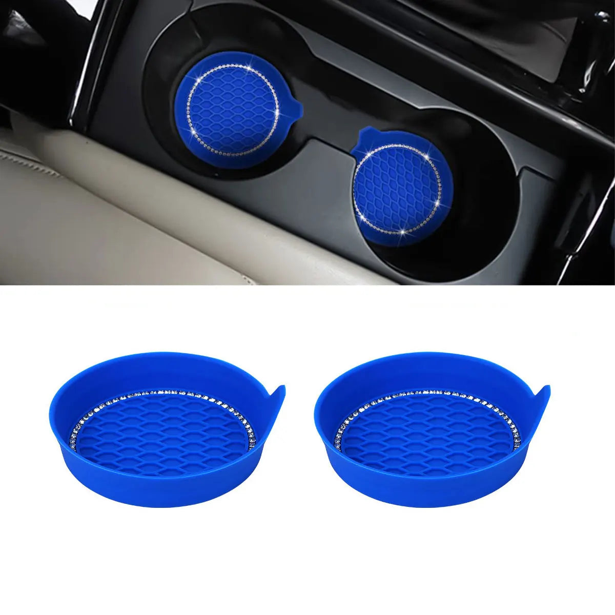 Two blue silicone cup holder coasters with a textured surface and rhinestone trim