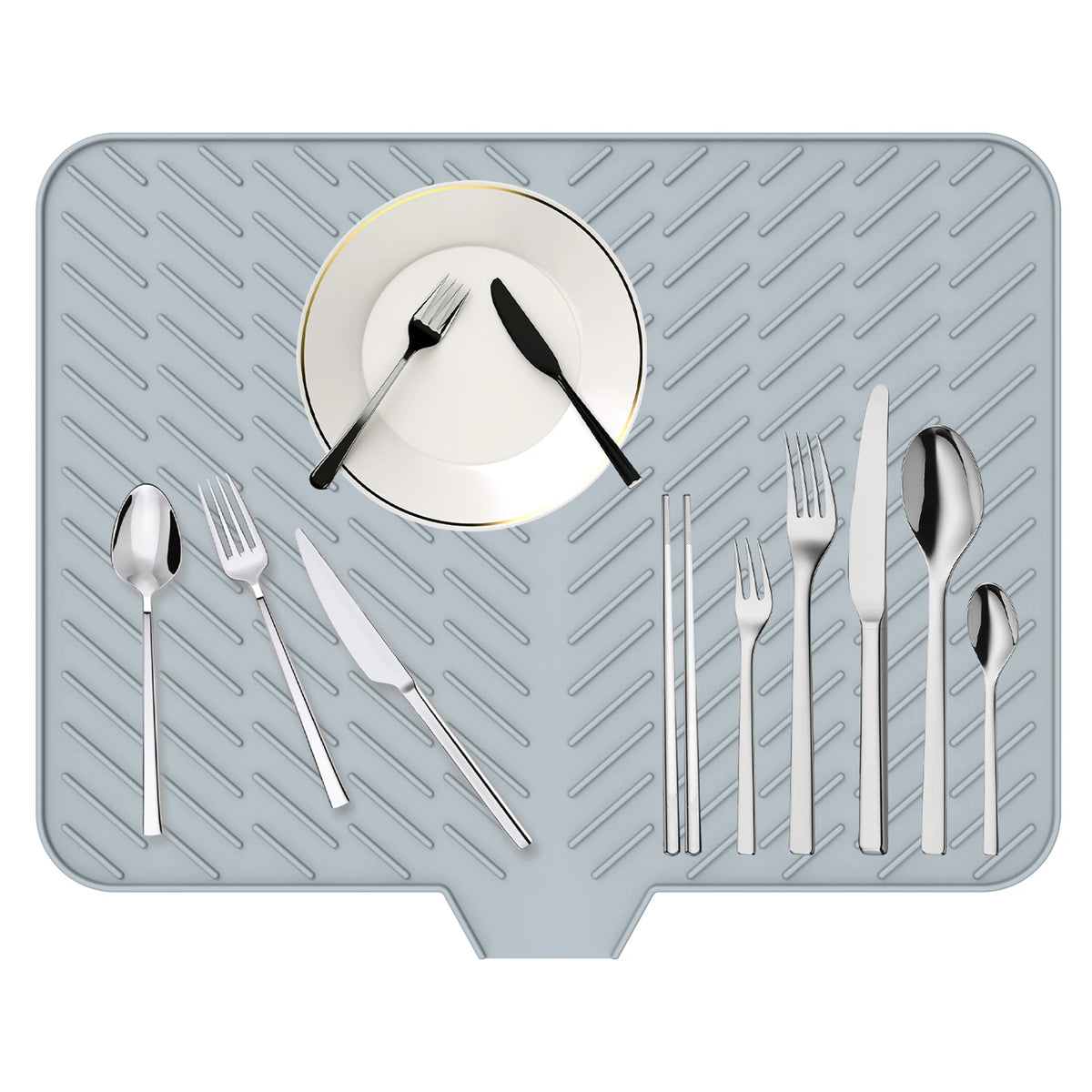 A silicone dish drying mat with a drainage ramp showing various silverware and a plate.