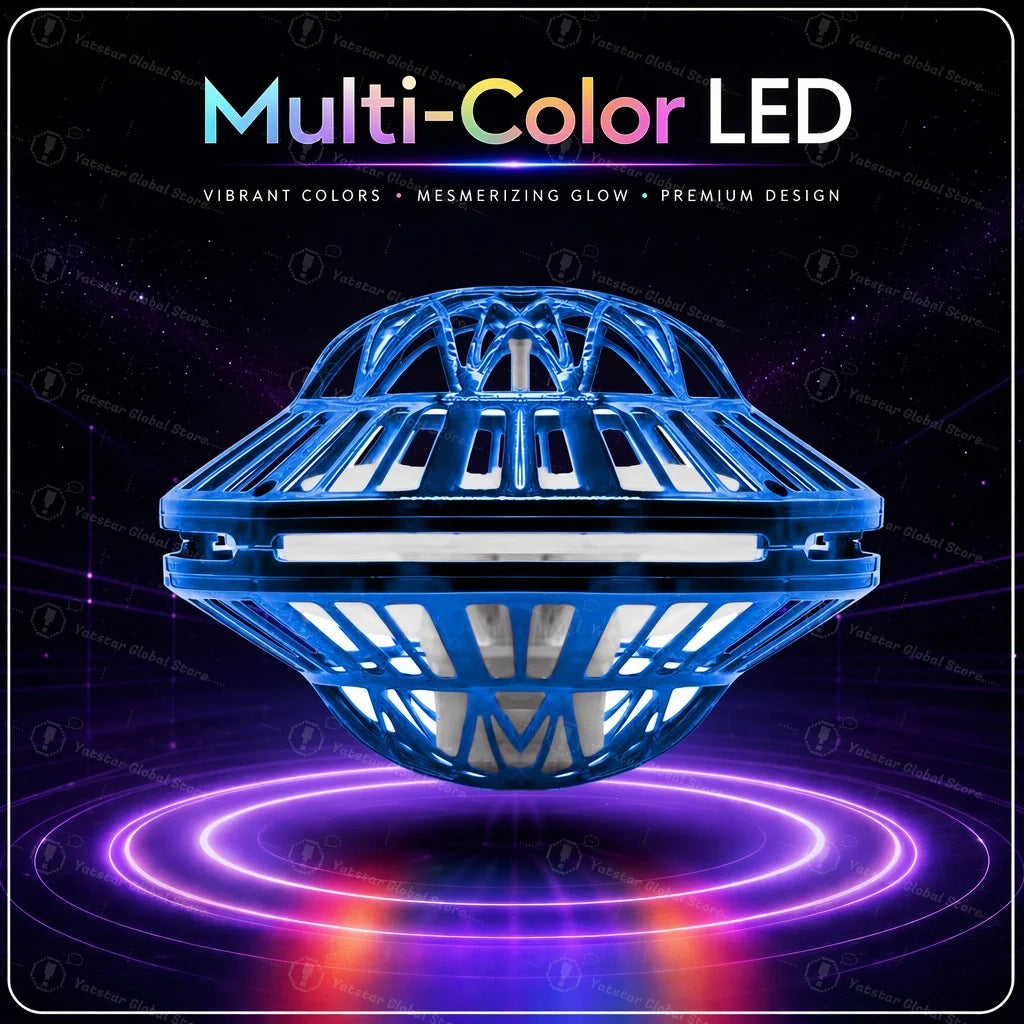 A blue multi-color LED flying orb with a glowing purple light ring on a dark background.