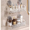 Clear wall-mounted suction cup storage basket with a water ripple design holding various bath products