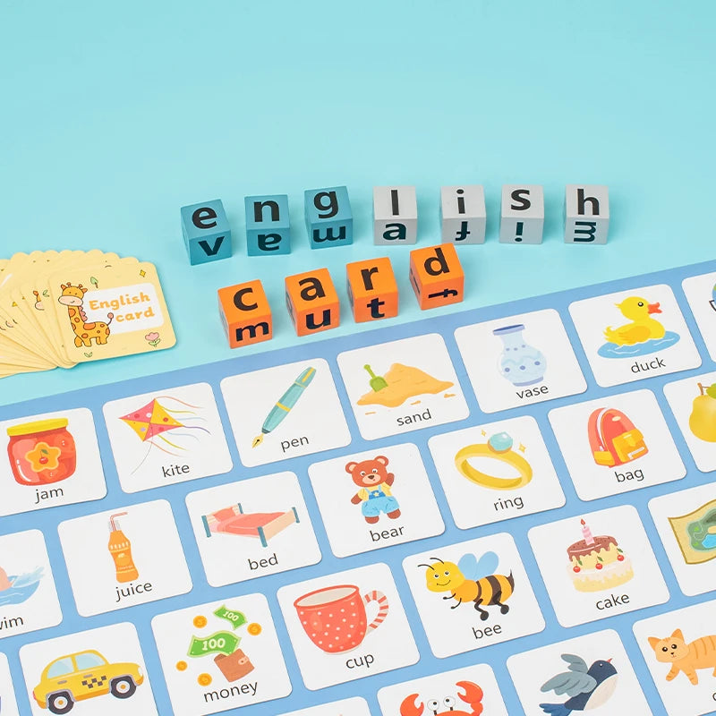A set of wooden cards featuring English spelling words like 'egg', 'new', 'use', 'card', and 'wish' for a learning game.