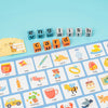 A set of wooden cards featuring English spelling words like 'egg', 'new', 'use', 'card', and 'wish' for an early learning gam