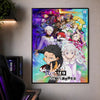 A vibrant anime poster featuring characters from Re:Zero in a dynamic, colorful composition.
