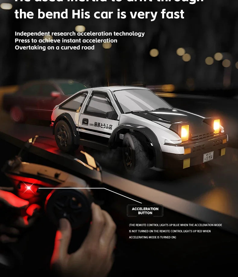 A close-up view of a white RC drift car accelerating on a road, with a hand operating the accelerator button.