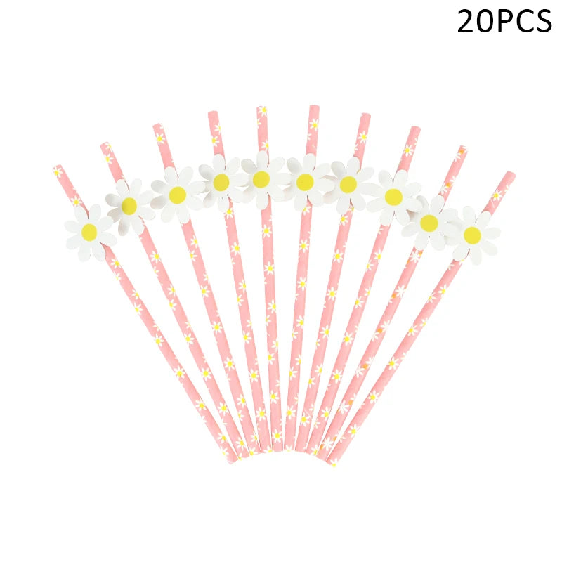 A set of 20 disposable daisy flower party banners with white and yellow petals on pink sticks.