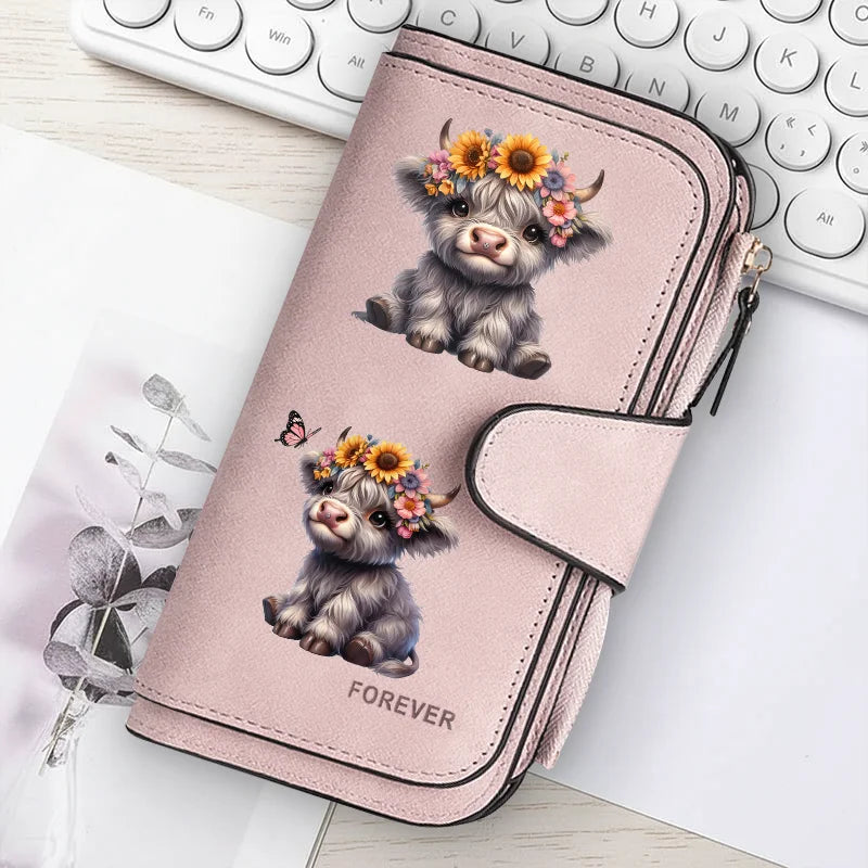 Highland Cow Print Zip-Around Wallet with Card Holder