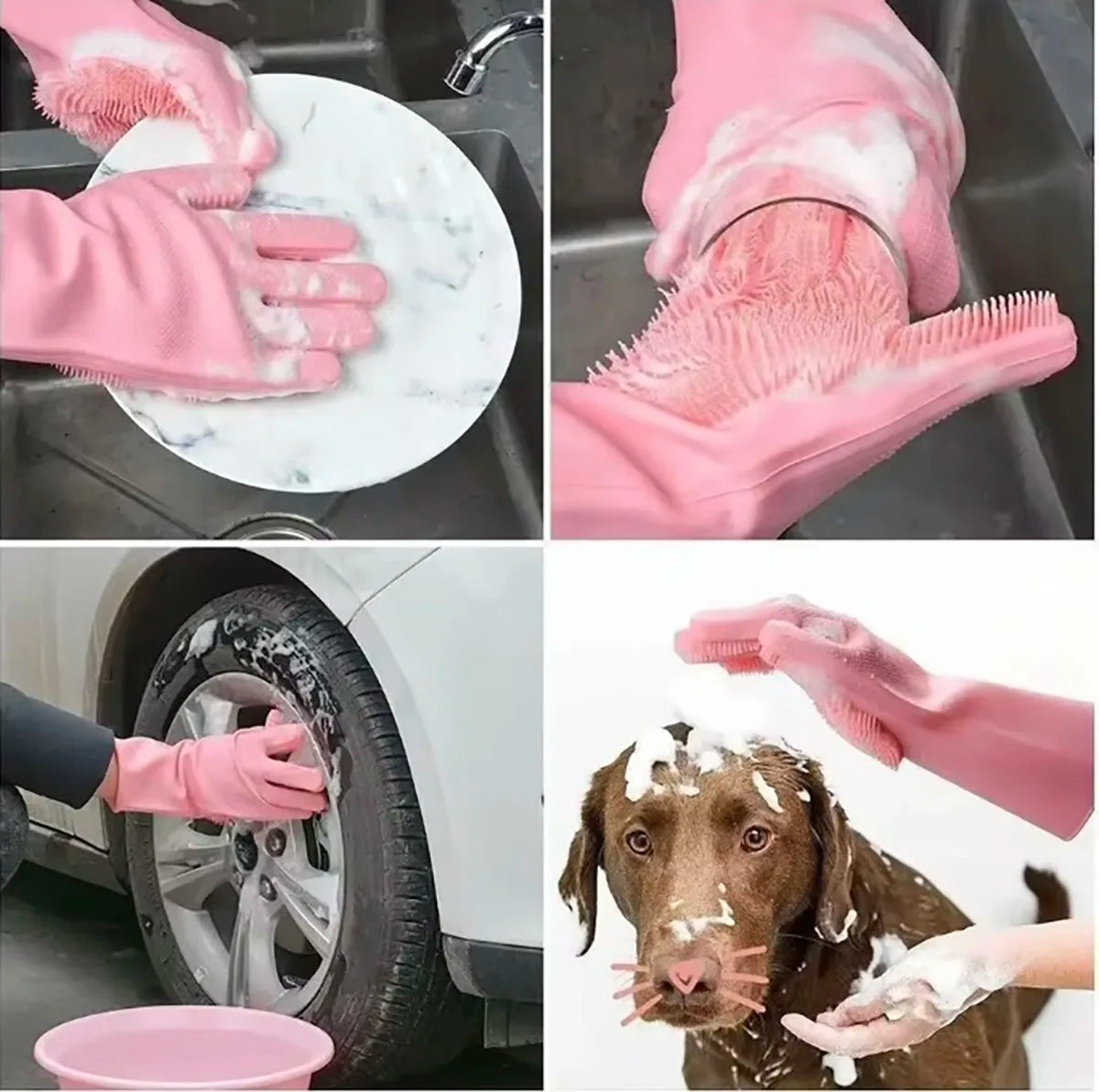 Pink rubber dishwashing gloves are shown cleaning a sink and washing a dog's face.