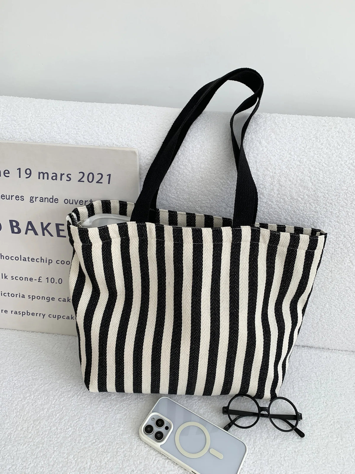 Striped Canvas Shoulder Tote Bag