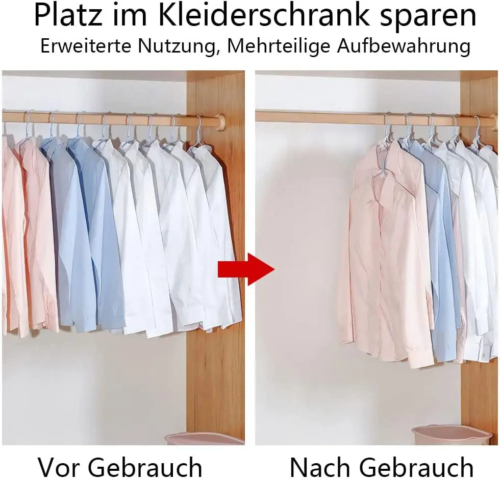 Before and after images showing the expanded use and multi-storage of a closet using cascading hanger connectors.