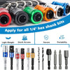 A collection of magnetic 1/4 inch hex shank bits and a holder keychain with various sizes.