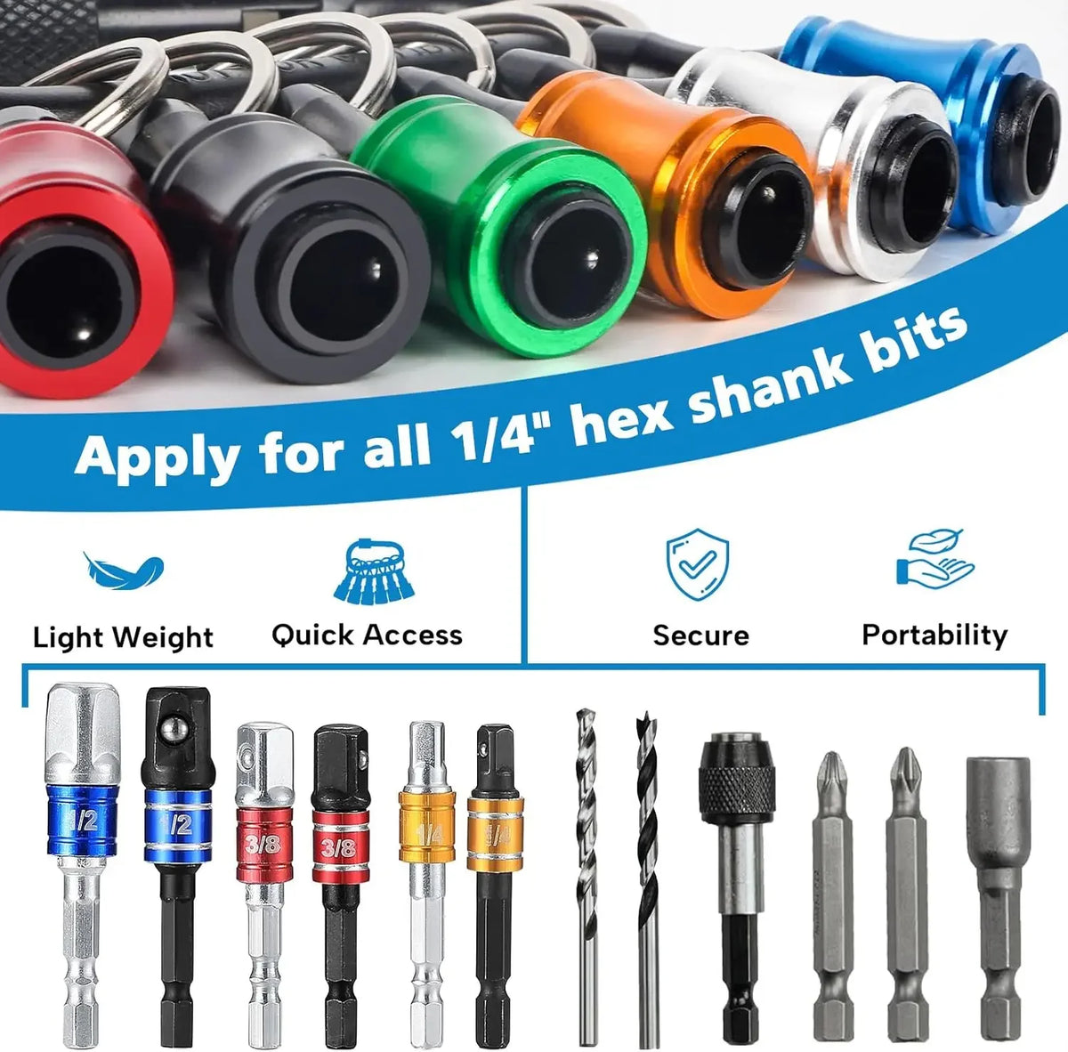 A collection of magnetic 1/4 inch hex shank bits and a holder keychain with various sizes.