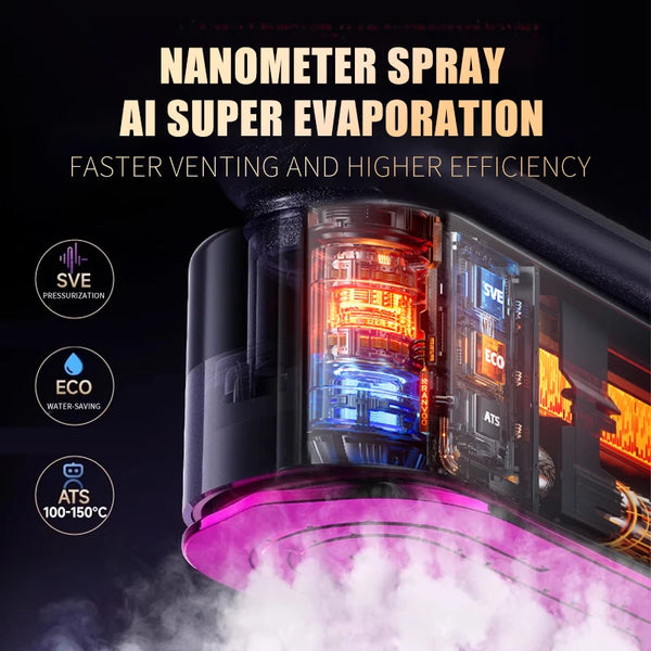 Primer plano de un vaporizador portátil de ropa demostrando tecnología de superevaporación con vapor y componentes internos v