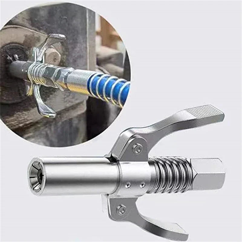 A silver heavy-duty grease gun coupler with a blue and silver barrel is shown alongside a metal tool.