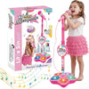 A pink kid star microphone stand with a built-in speaker and accessories for singing