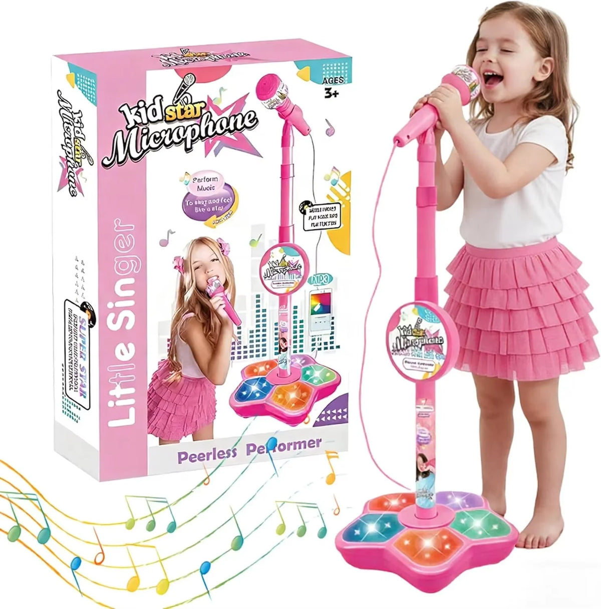 A pink kid star microphone stand with a built-in speaker and accessories for singing