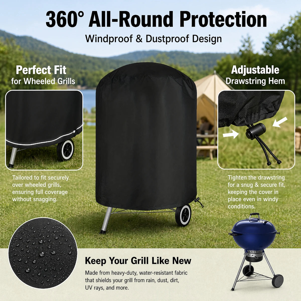 Black waterproof and dustproof cover for a wheeled grill, designed with an adjustable drawstring hem.