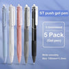A pack of five ST push gel pens with white, pink, and black bodies shown in various colors.