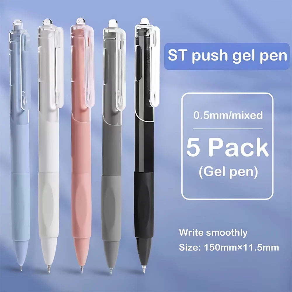 A pack of five ST push gel pens with white, pink, and black bodies shown in various colors.