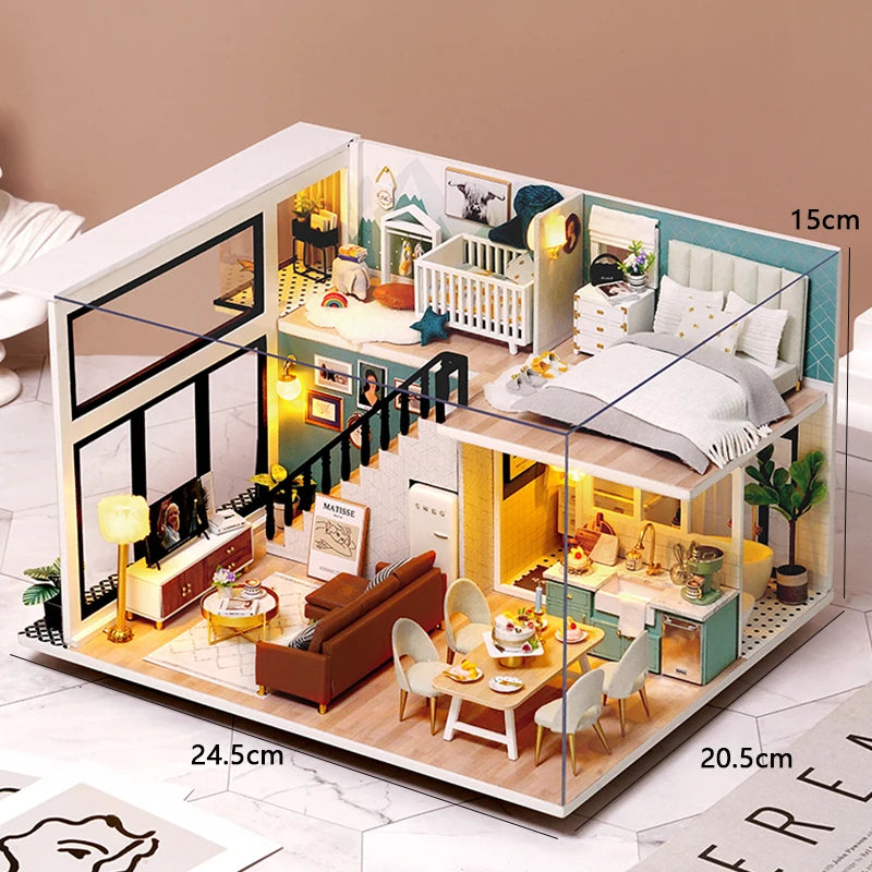 A detailed miniature wooden dollhouse building kit featuring furniture and interior scenes.