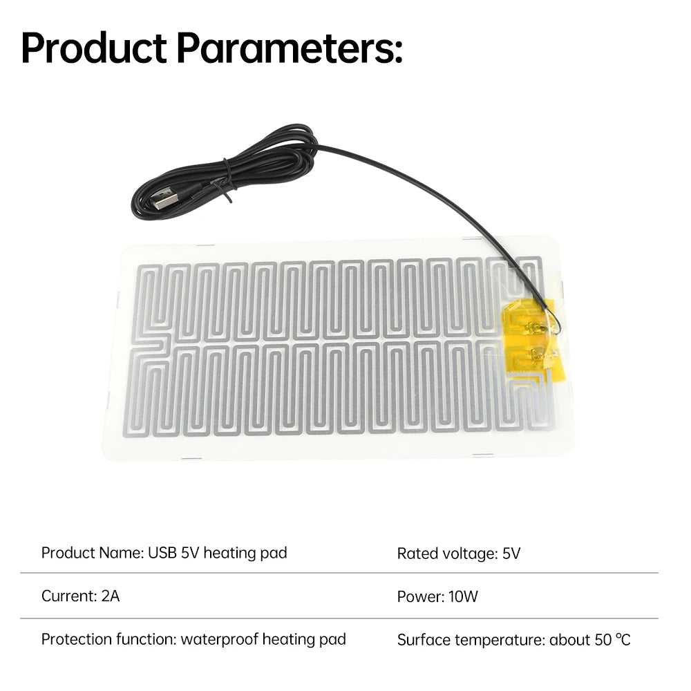 A white USB 5V heating pad with a black cord is shown, designed for waterproof heating.