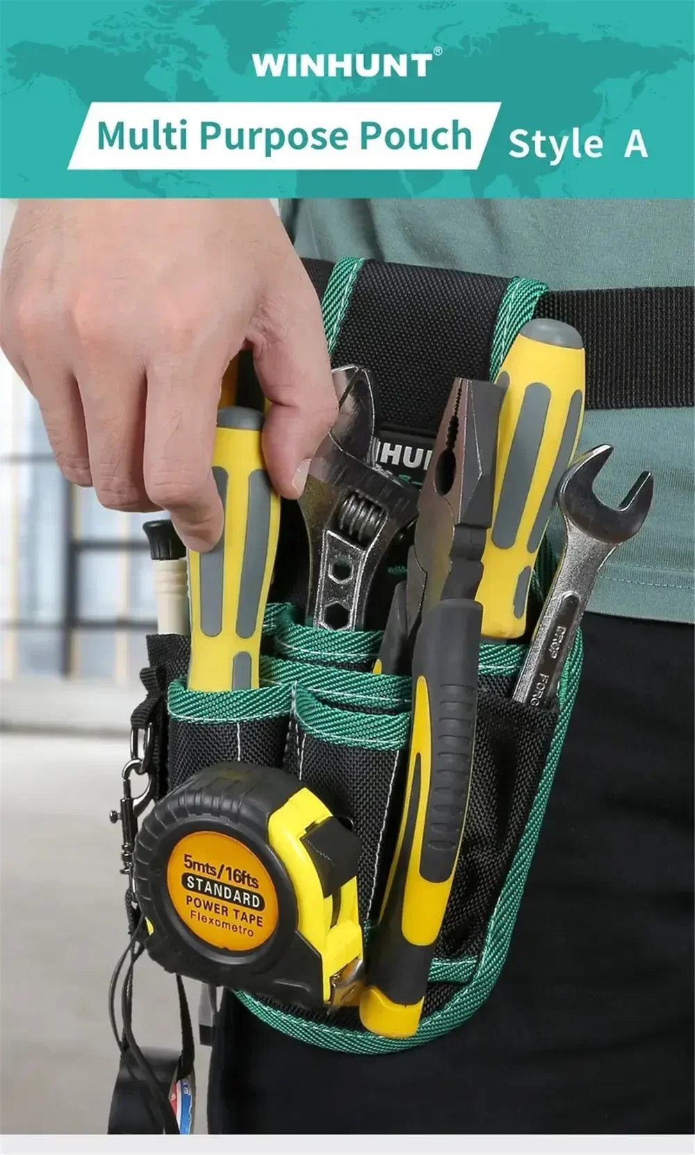 A hand is shown placing various tools like pliers and a screwdriver into a green multi-purpose pouch on a belt.