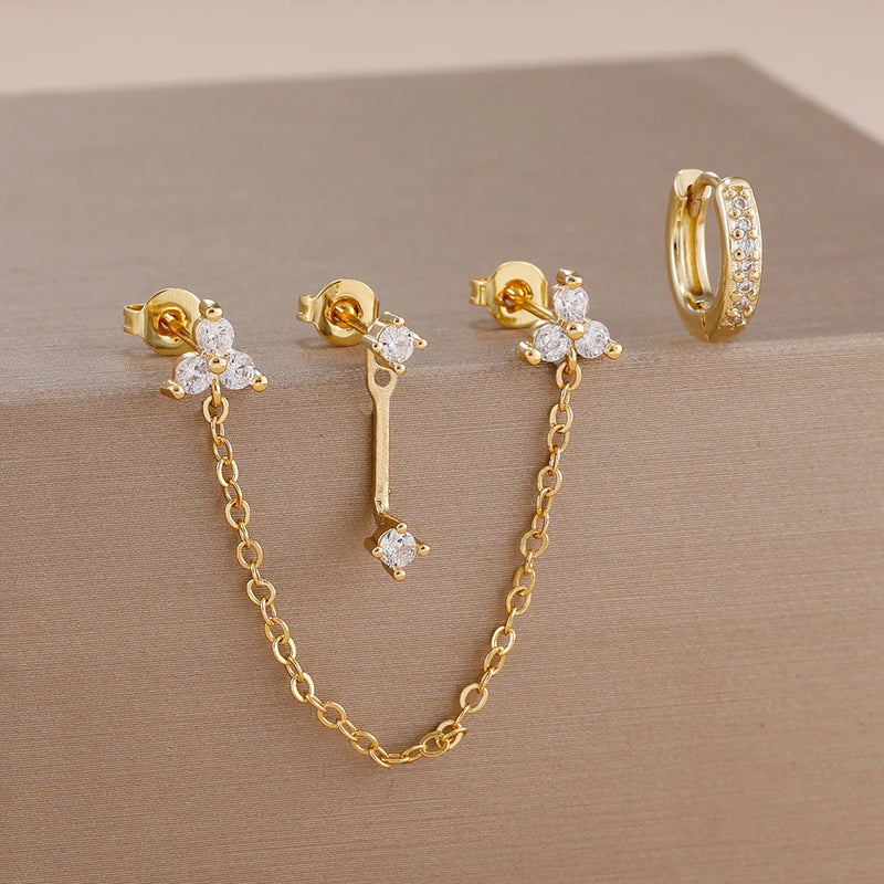 Double-Hole Link Chain Earrings with Green Zircon