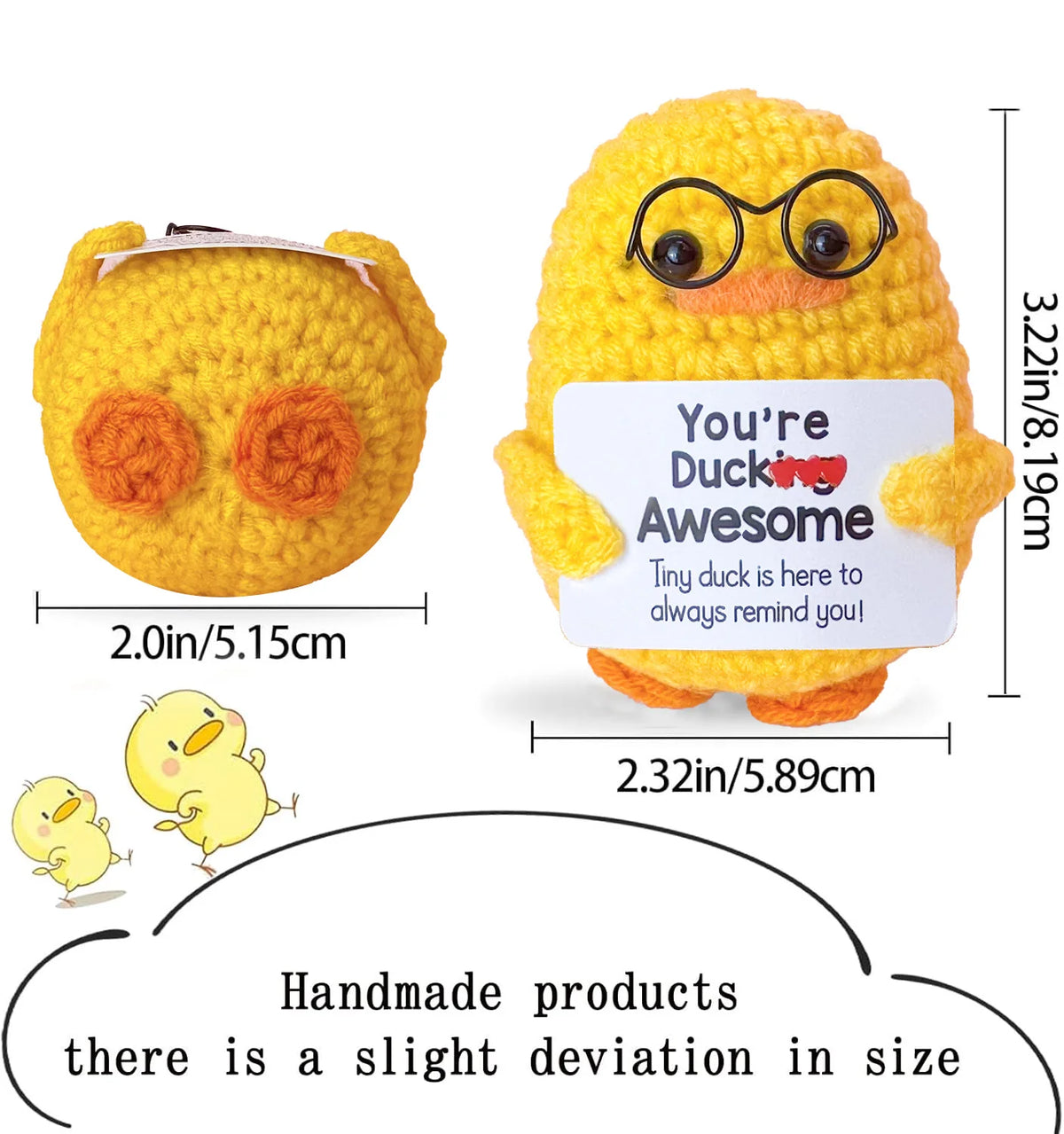 A yellow handmade crochet pocket hug doll with round glasses and an orange nose.