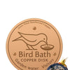 A round copper disk for a bird bath, marked with 2mm thick reinforced copper and featuring a bird silhouette.