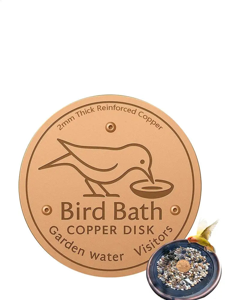 A round copper disk for a bird bath, marked with 2mm thick reinforced copper and featuring a bird silhouette.