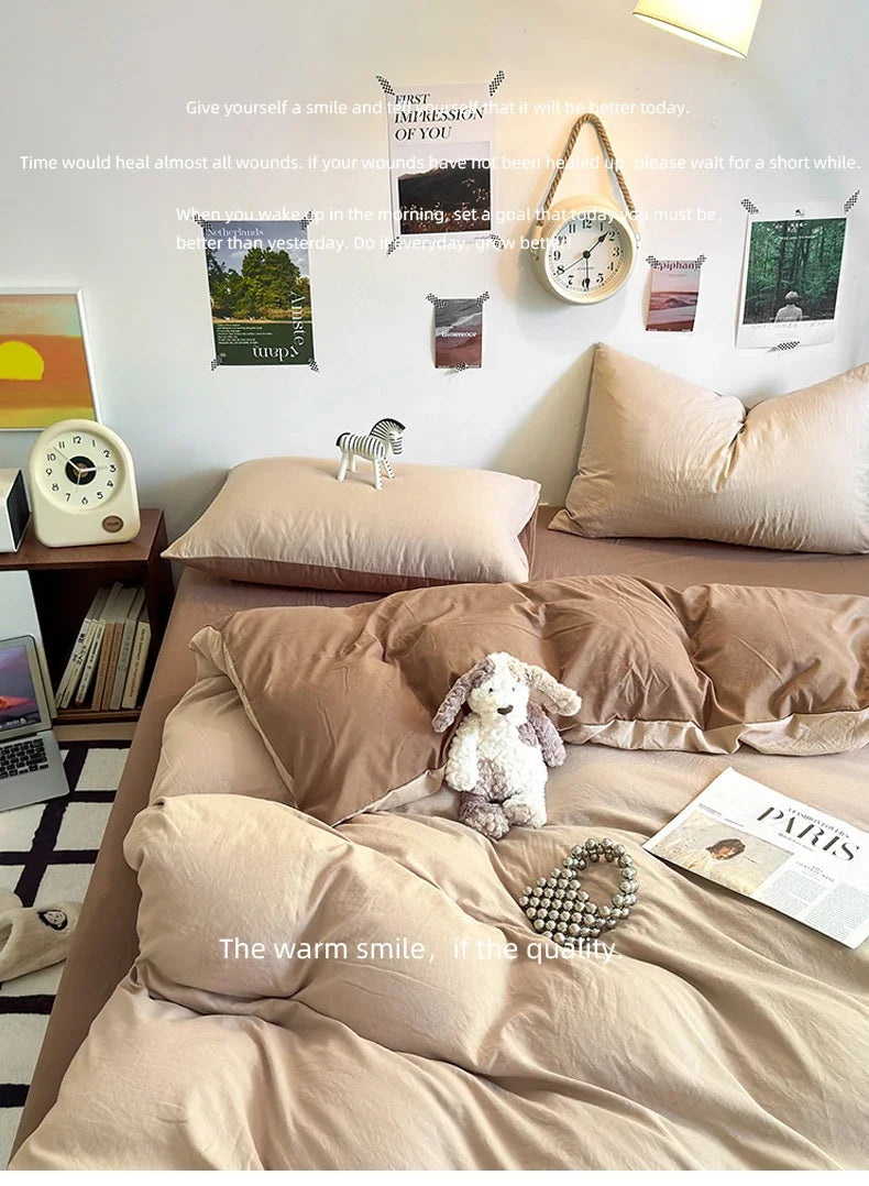 A beige duvet cover set with four pieces is displayed on a bed, surrounded by inspirational quotes and decorative elements.