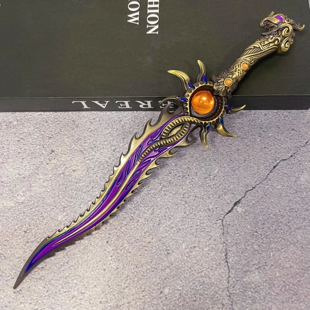 A full-size collectible metal katana sword with an ornate hilt and purple blade resting on a dark surface.