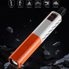 A white and orange lightweight flashlight is shown against a dark, rugged background with various outdoor activities depicted