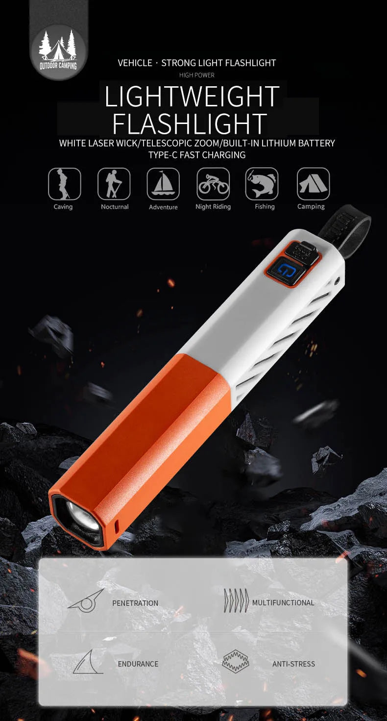 A white and orange lightweight flashlight is shown against a dark, rugged background with various outdoor activities depicted
