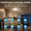 A ceiling light fixture demonstrating continuous sensing mode features like human body detection and automatic light sensing.