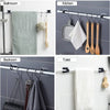 Various adhesive curtain rod hooks and clips mounted on a wall in different rooms like bathroom, kitchen, bedroom, and toilet