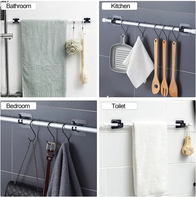 Various adhesive curtain rod hooks and clips mounted on a wall in different rooms like bathroom, kitchen, bedroom, and toilet