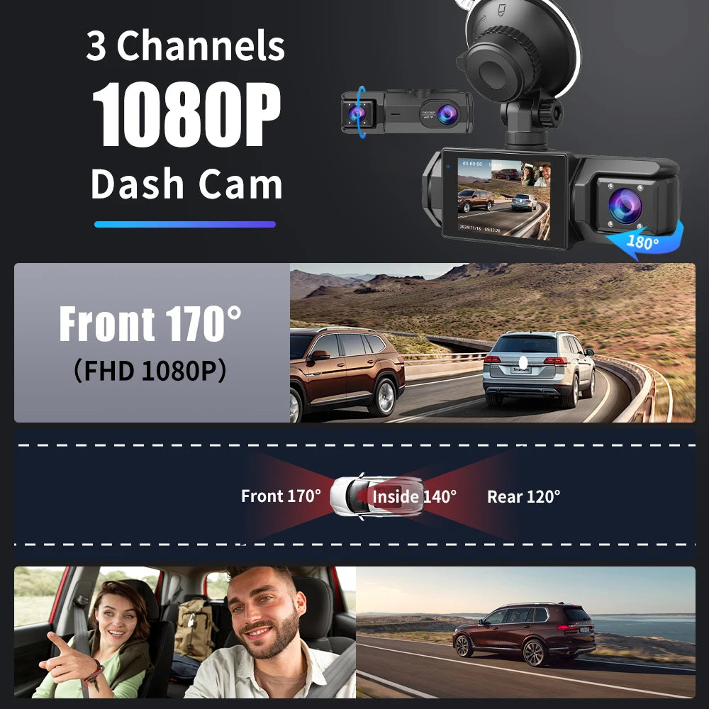 Dashcam-System, das Front- und Rückansichten zeigt, einschließlich des Fahrers im Fahrzeug.