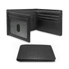 Black slim tri-fold wallet with an ID window shown in two views.