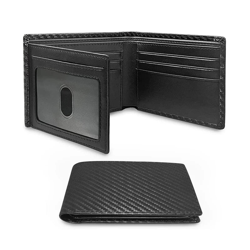 Black slim tri-fold wallet with an ID window shown in two views.