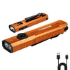 An orange tactical flashlight with a black grip and lens, shown in a profile view.