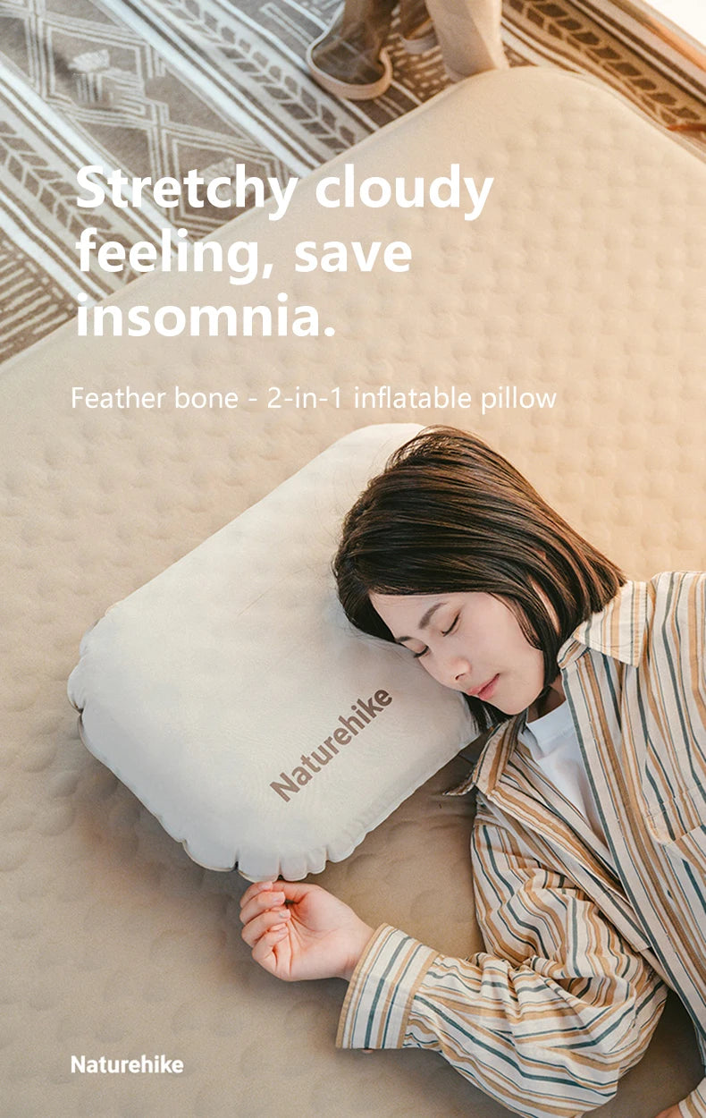A woman rests her head on a Naturehike feather bone 2-in-1 inflatable pillow on a light beige surface.