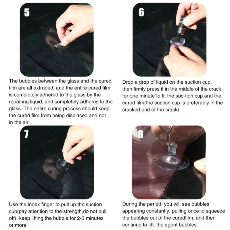 Step-by-step instructions for repairing an automotive windshield crack using a curing film and liquid kit.