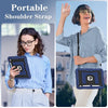 A woman is shown using a portable shoulder strap for a shockproof hybrid case designed for an iPad.
