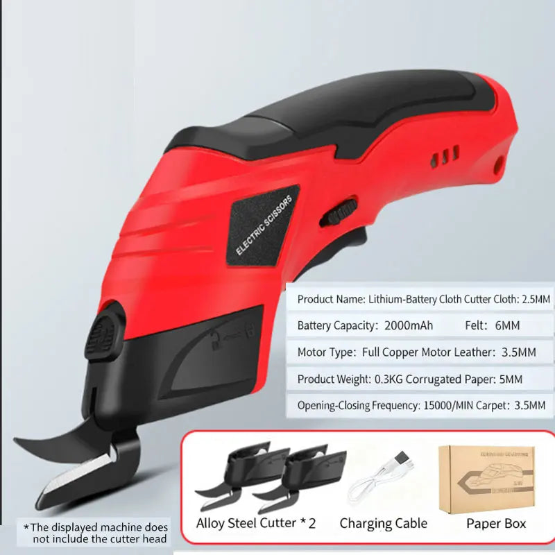 Red cordless electric scissors with black grip and silver cutter head for fabric and leather work