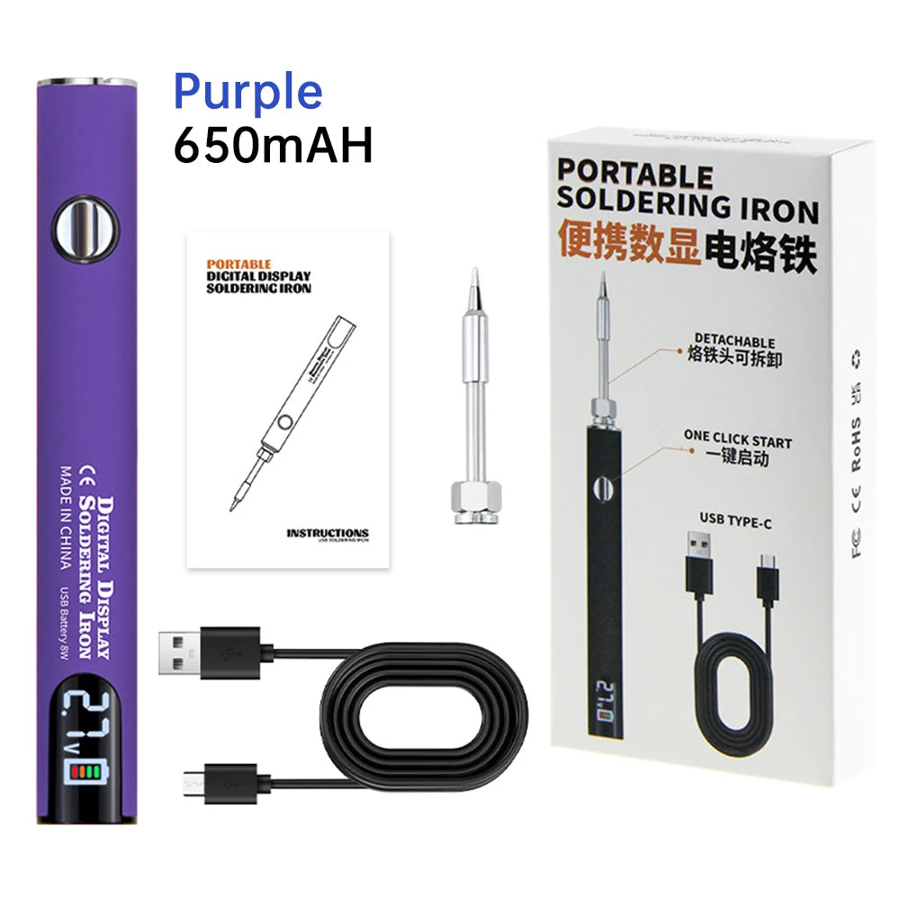 Purple 650mAh portable digital soldering iron pen with USB charging cable and instructions